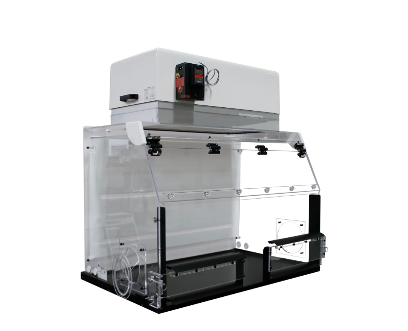 ransparent Flow Science containment hood protecting a sensitive analytical microbalance in a modern chemistry lab.
