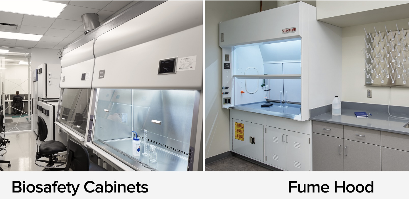 Side-by-side comparison of a biological safety cabinet and a ducted chemical fume hood in a research facility.